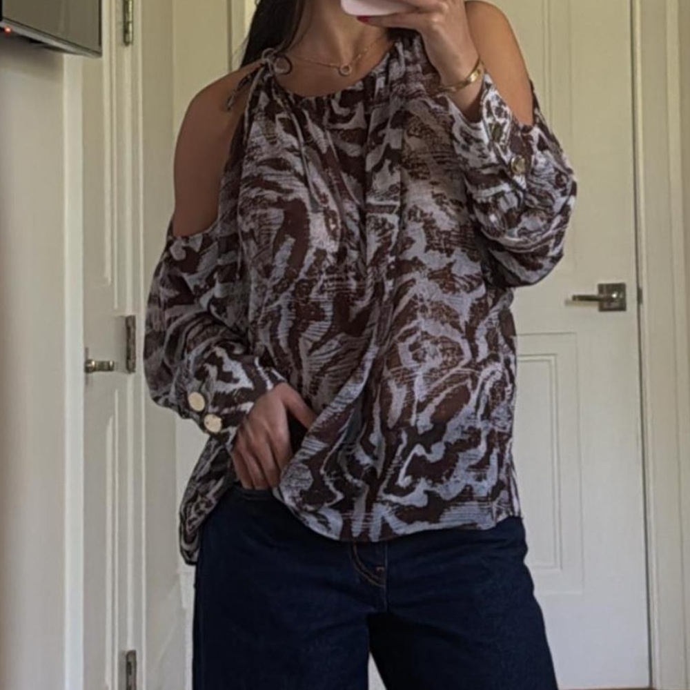 Zara Blouse cold shoulder zebra print semi sheer